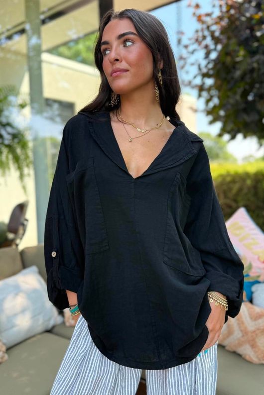 Sandbar Linen Blend Pop Over Shirt Black